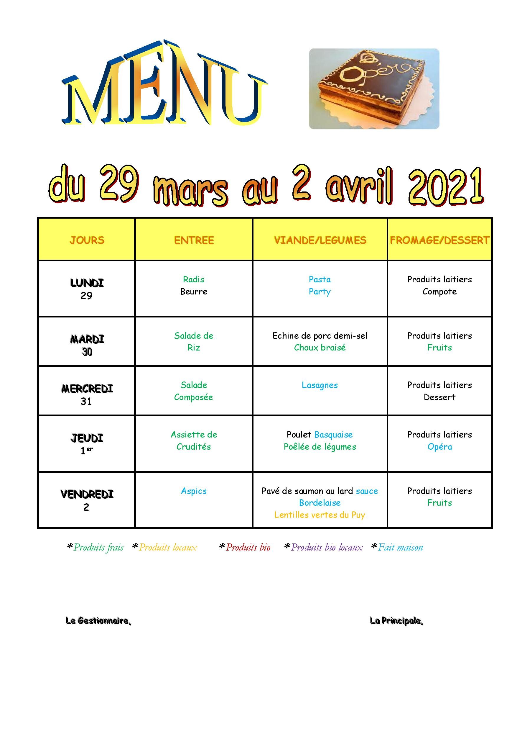 MENU DU 29 MARS AU 02 AVRIL 2021 - Menus du restaurant scolaire ...